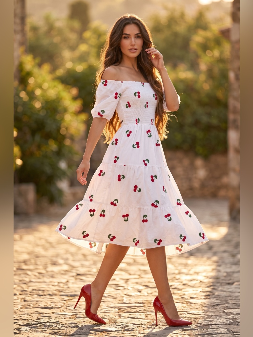 White One-Shoulder Cherry Print Midi Dress